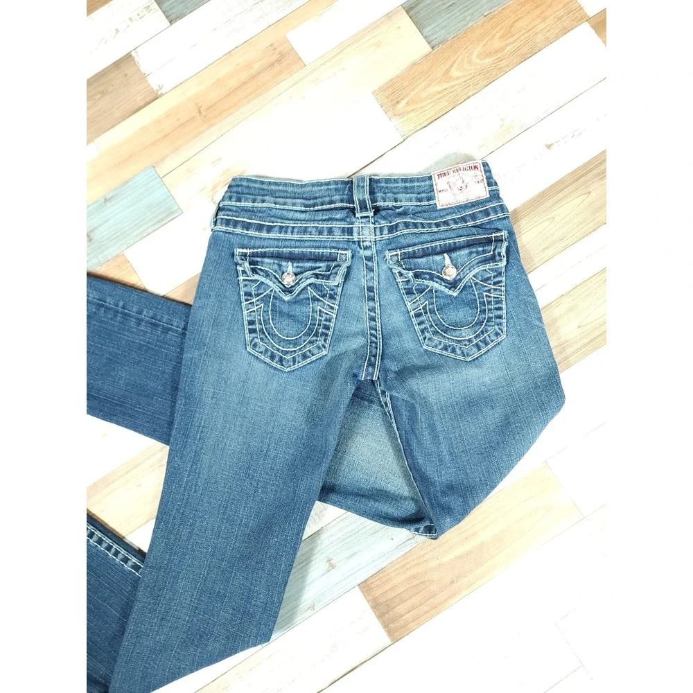 True‎ Religion Blue Bootcut Distressed Embellished Pockets High Rise Jeans Sz 26